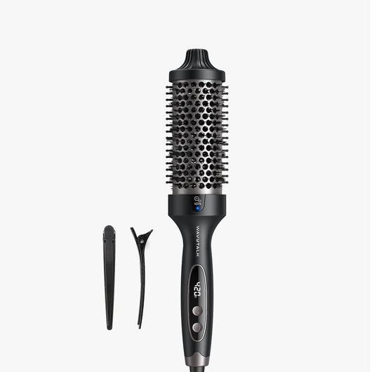 Black hair styling tool with attachments on a white background