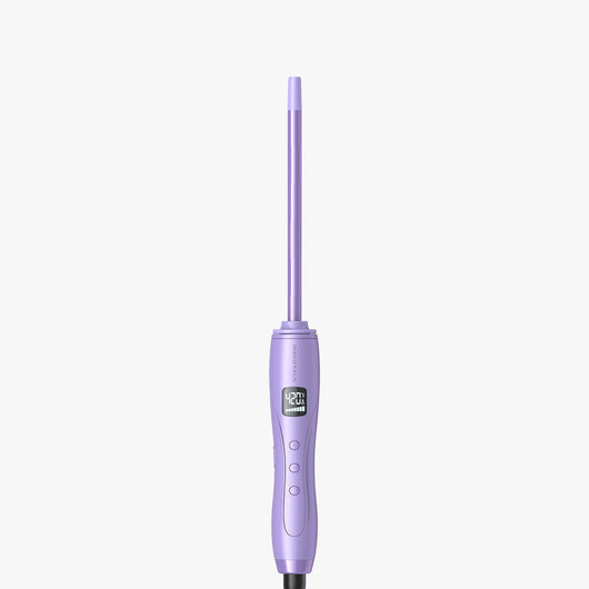 A purple Micro Wave hair curler with a digital temperature readout.