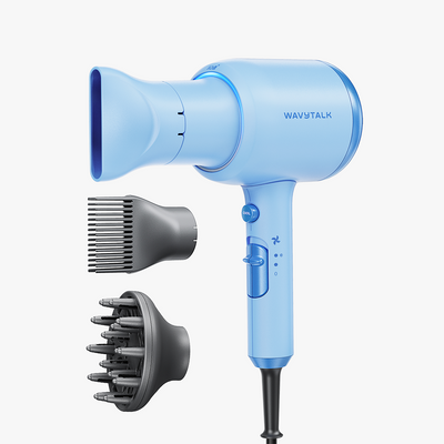 Blue Blown Away hair dryer with attachments on a white background