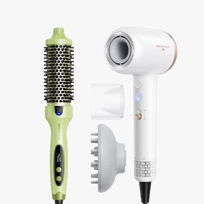 Green Blowout Boost and white Turblow Pro display on a white background