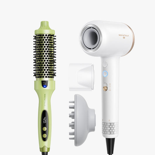 Green Blowout Boost and white Turblow Pro display on a white background