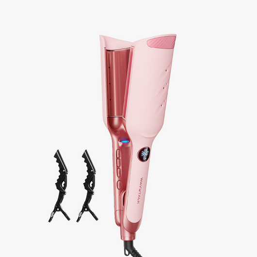 Pink hair straightener with black clips on a white background