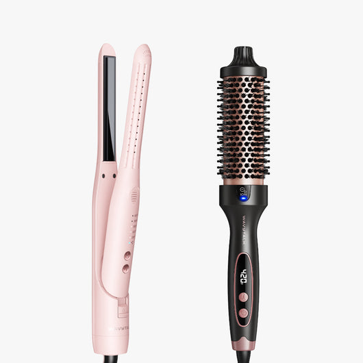Pink Cool Curl Pencil and rose gold Blowout Boost on a white background