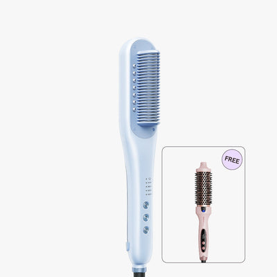Blue hair straightening brush with a smaller inset of a pink brush on a white background