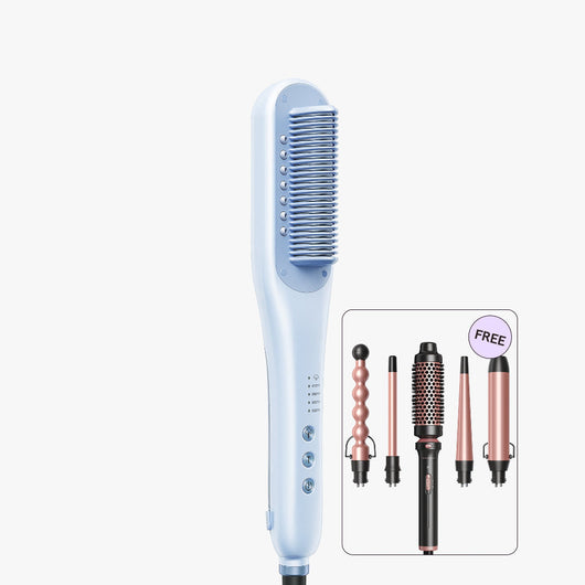 Blue hair styling tool with interchangeable attachments on a white background