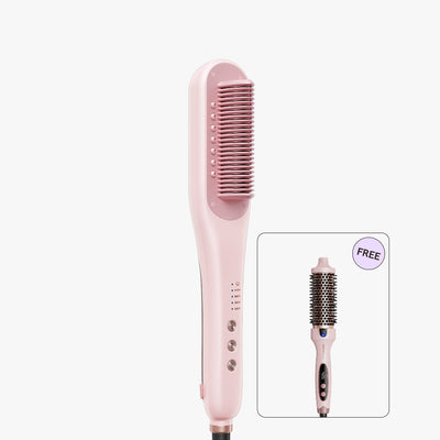 Pink hair straightener with a free brush attachment on a white background