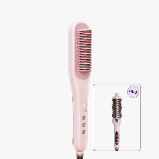 Pink hair straightener with a free brush attachment on a white background