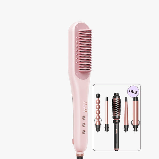 Pink hair straightener with attachments on a white background